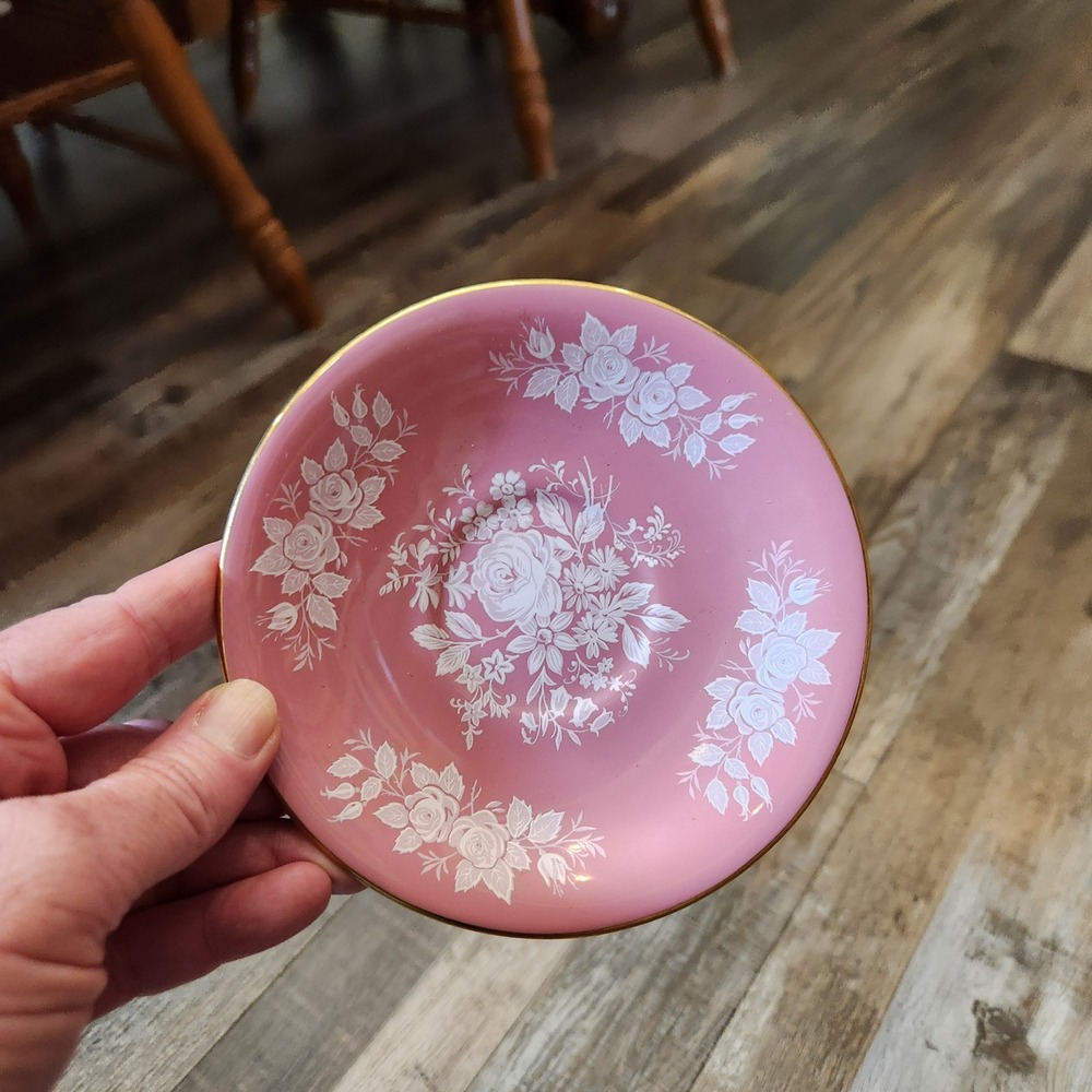 Aynsley Pink Bone China Saucer White Floral Rose Pattern Gold Rim Made England